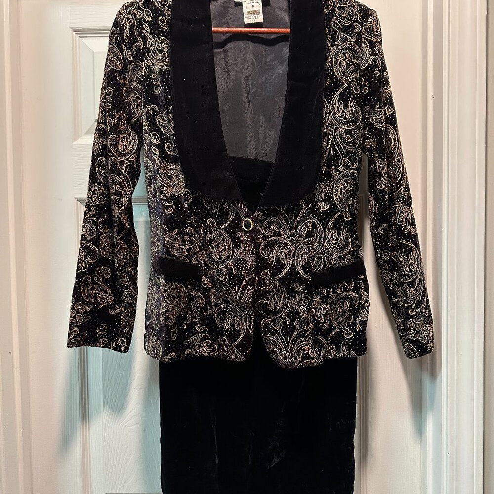 80s Vtg Scott McClintock Black Velvet Gold Rhinestone Fitted Evening Prom Suit